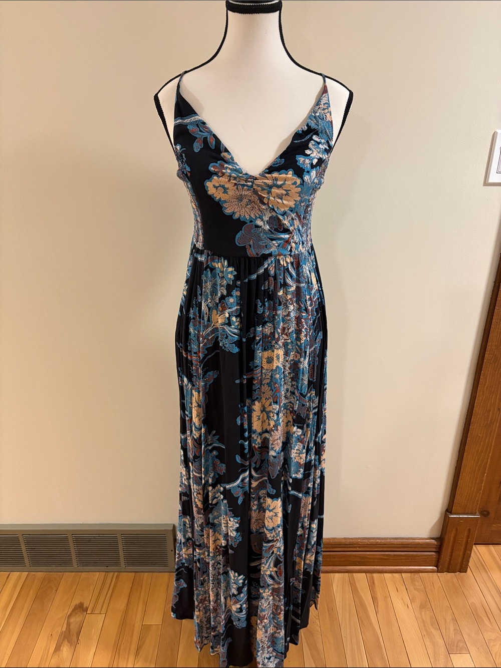 Free People Black Maxi Dress with Blue and Cream Floral Print